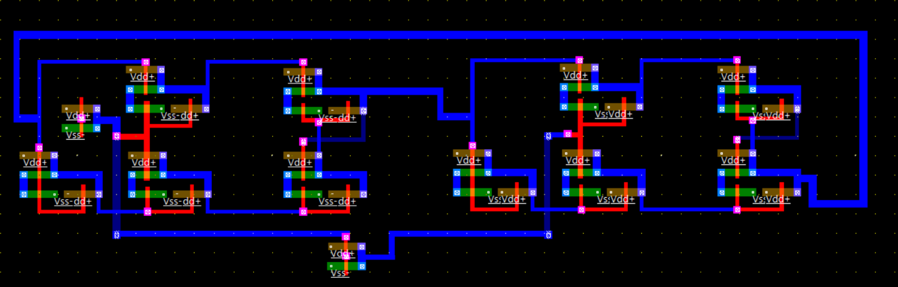 Transistor-level master-slave D flip-flop layout showing clocked latch stages and critical internal nodes